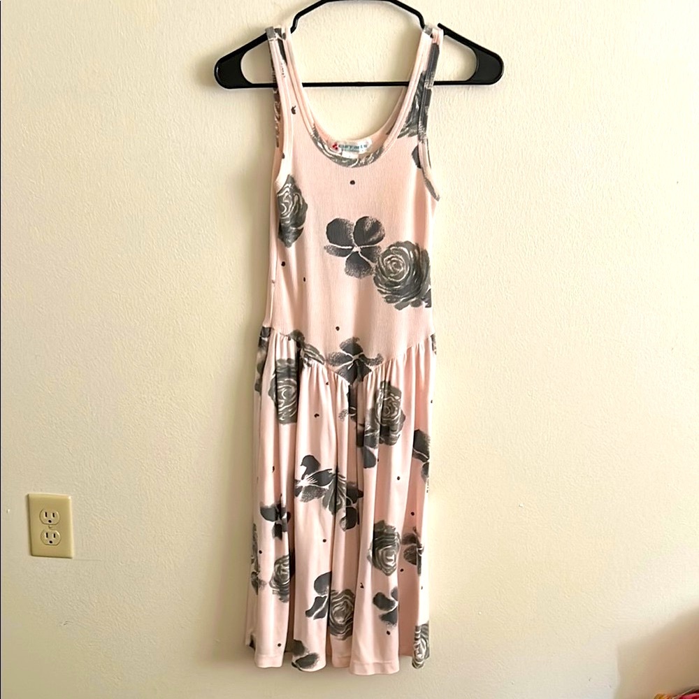 Vintage 80's Pink /Gray Floral Knit Stretch Flowy Peplum Tank Top Midi  Sundress